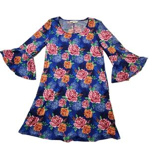 The Pioneer Women Ruffle Dress Stretch Colorful Floral Blue 3/4 Bell Sleeve Size